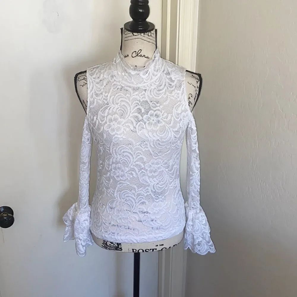 Bebe White Lace Cold Shoulder Top
